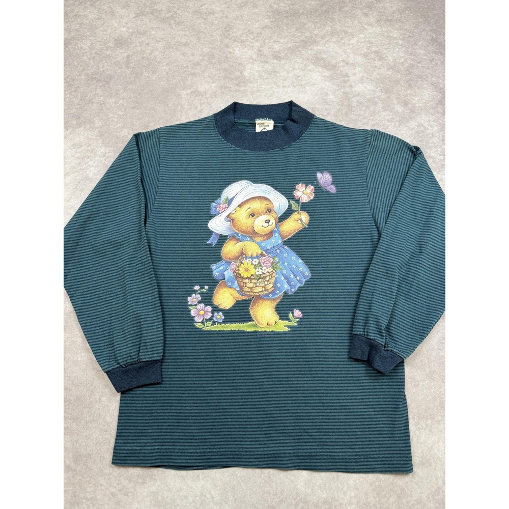 Vintage Home Grown Shirt Womens Large Teal Striped Mock Neck‎ Teddy Bear USA 90s